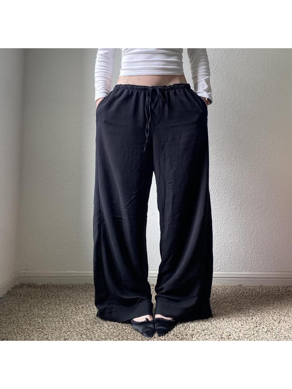 Low rise wide leg long baggy black casual pants